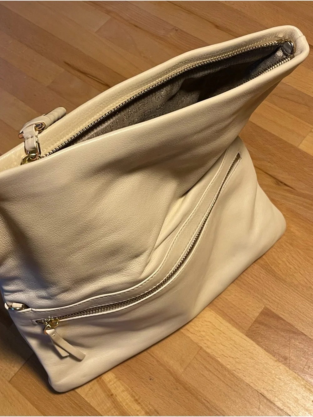 Cream Fold-Over Leather Clutch with Zip Accent